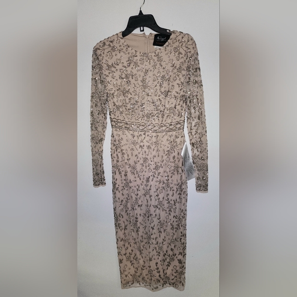 Mac Duggal Beige Beaded Tea Length Dress w/ Sheer Sleeves - Picture 4 of 6